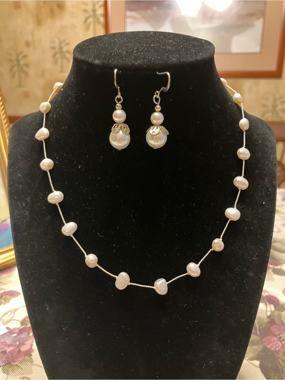 FRESH WATER NATURAL PEARL NECKLACE WITH FAUX PIERCED EARRINGS